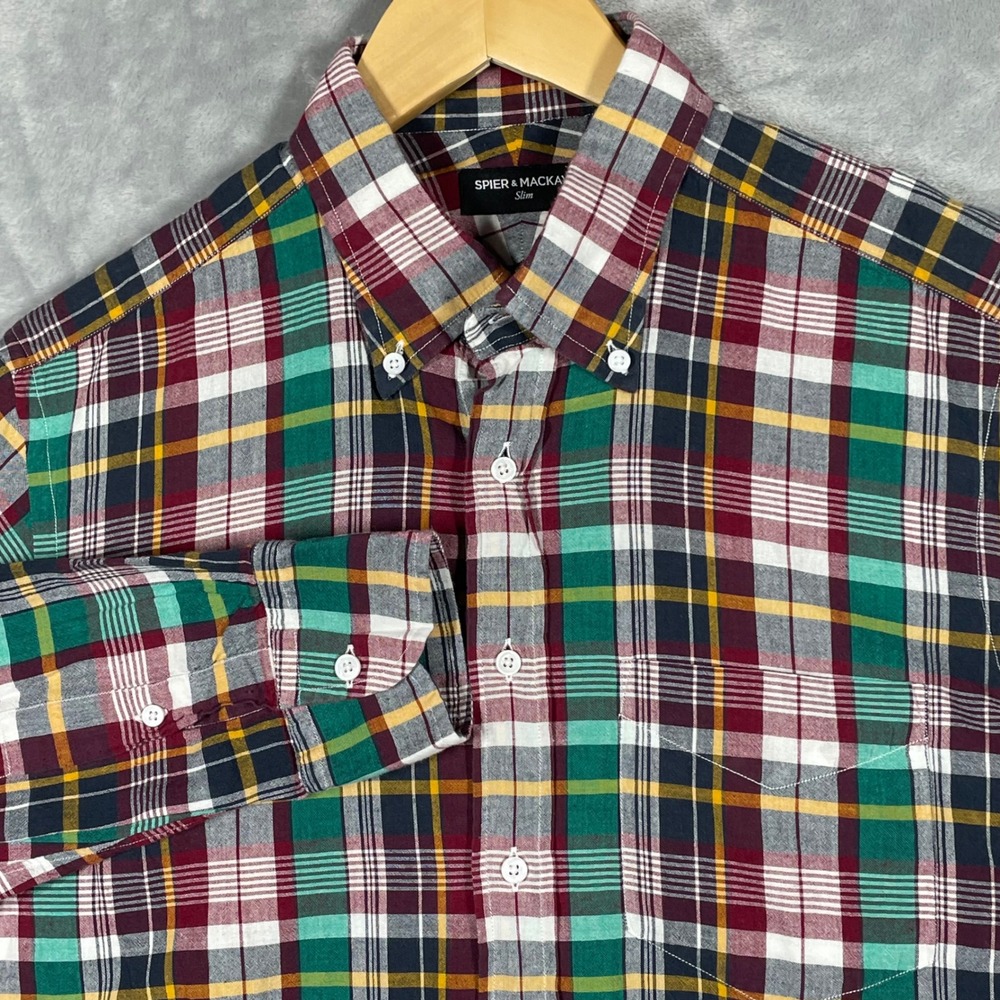 Spier & Mackay Slim Fit Plaid Button Down Shirt Mens 16 Multi Color Cotton 3195